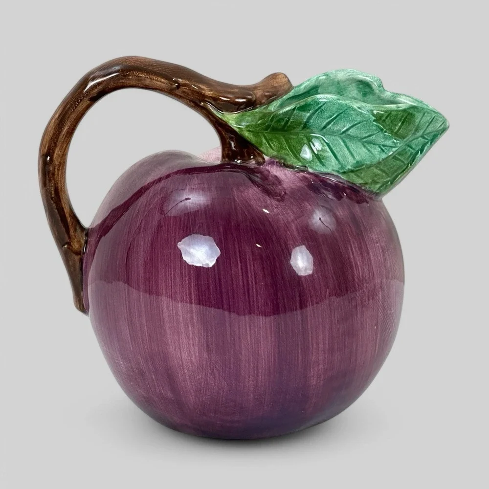 Pottery Barn JAPAN Figural PLUM Juice Pitcher w Label 6.5 inches Tall Purple